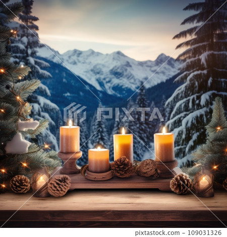 A rustic wooden table with Christmas decorations and candles 109031326