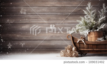 A rustic wooden sled leaning against a wall with a backdrop of snowflakes and evergreen branches A rustic wooden sled leaning against a wall with a backdrop of snowflakes and evergreen branches 109031402