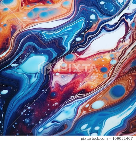 This photo captures the beauty of swirling, colorful liquids that resemble a marble pattern. 109031407