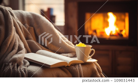 woman sits in a cozy armchair, wrapped in a soft blanket and reading a book by the fire 109031443