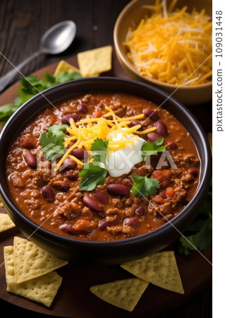 A spicy and flavorful chili soup with tender chunks of beef, beans, and a sprinkle of grated cheese A spicy and flavorful chili soup with tender chunks of beef, beans, and a sprinkle of grated cheese 109031448