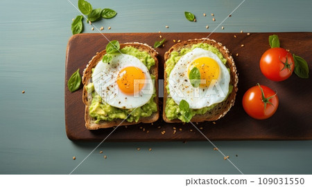 Two slices of whole wheat toast with avocado spread, sliced tomatoes, and a poached egg. 109031550