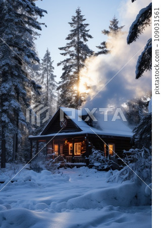 A snow-covered cabin nestled in the woods with smoke billowing from the chimney 109031561