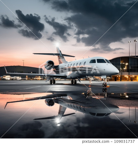 a private jet on the tarmac, with the airport terminal and control tower in the background. a private jet on the tarmac, with the airport terminal and control tower in the background. 109031737