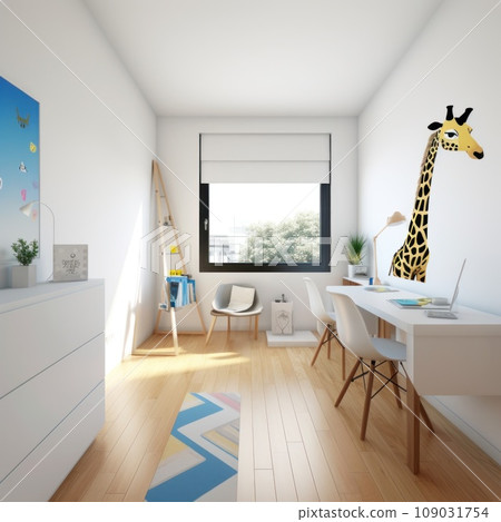 minimalist children's room with white walls, a wooden floor, and a built-in desk with a black chair 109031754