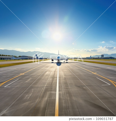 panoramic view of an airport runway with planes parked and in motion panoramic view of an airport runway with planes parked and in motion 109031787