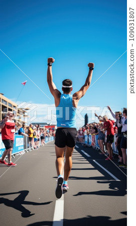 A runner crossing the finish line at a race, with a crowd cheering in the background A runner crossing the finish line at a race, with a crowd cheering in the background 109031807