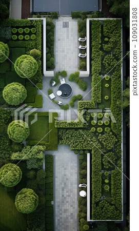 A stunning aerial shot of a modern garden design featuring a geometric pattern of hedges. 109031808