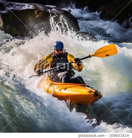 A kayaker navigating through rough white water rapids 109031814