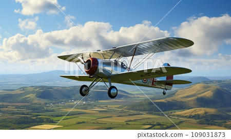 A vintage biplane flying over a rural landscape, with green fields and blue skies in the background 109031873