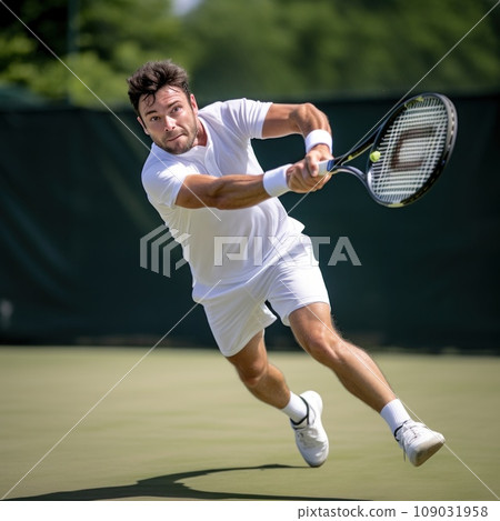 A tennis player hitting a forehand shot, with the ball in mid-air and the opponent visible in the background 109031958
