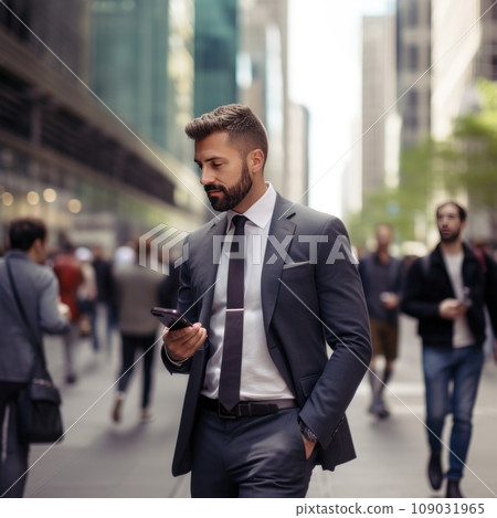 A man in a suit walking down a busy city street, looking at his phone with skyscrapers in background A man in a suit walking down a busy city street, looking at his phone with skyscrapers in background 109031965