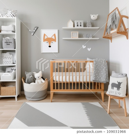 A stylish children's room with a gray and white color scheme, a wooden crib with a gray crib sheet A stylish children's room with a gray and white color scheme, a wooden crib with a gray crib sheet 109031966