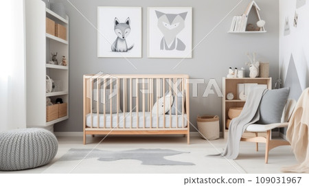 A stylish children's room with a gray and white color scheme, a wooden crib with a gray crib sheet A stylish children's room with a gray and white color scheme, a wooden crib with a gray crib sheet 109031967