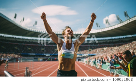 A runner crossing the finish line at a race, with a crowd cheering in the background A runner crossing the finish line at a race, with a crowd cheering in the background 109031968