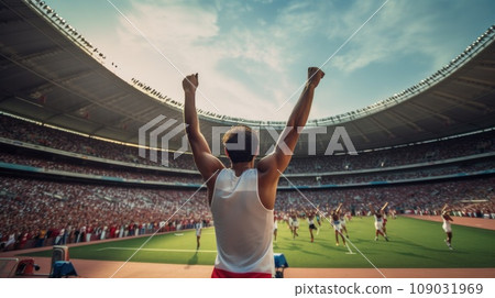 A runner crossing the finish line at a race, with a crowd cheering in the background A runner crossing the finish line at a race, with a crowd cheering in the background 109031969