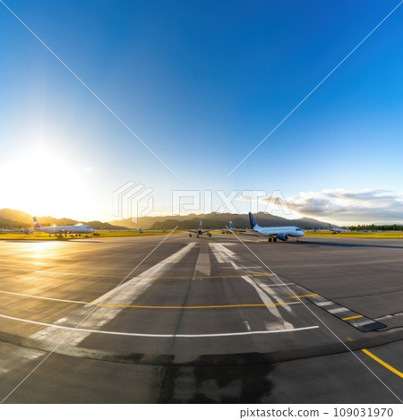 panoramic view of an airport runway with planes parked and in motion panoramic view of an airport runway with planes parked and in motion 109031970