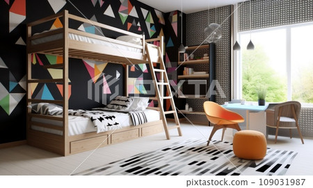 trendy children's room with a black and white wallpaper accent wall, a wooden bunk bed 109031987