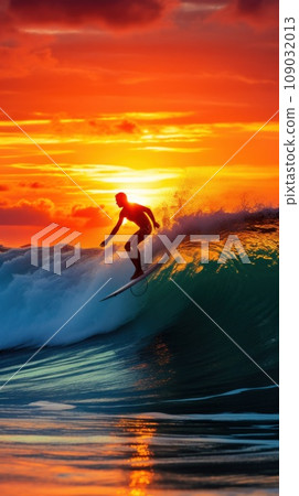 A surfer riding a wave in the ocean, with the sun setting behind them 109032013