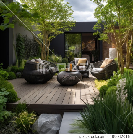 a modern garden with a unique set of outdoor furniture, well-maintained greenery 109032016