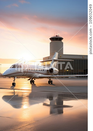 a private jet on the tarmac, with the airport terminal and control tower in the background. 109032049