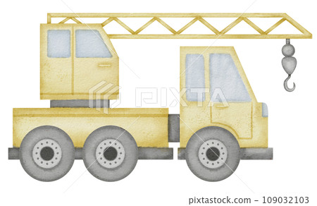 Truck Crane Watercolor illustration. Hand drawn clip art of baby toy yellow autocrane on isolated background. Drawing of auto mobile lifting. Sketch of a vehicle for construction. 109032103