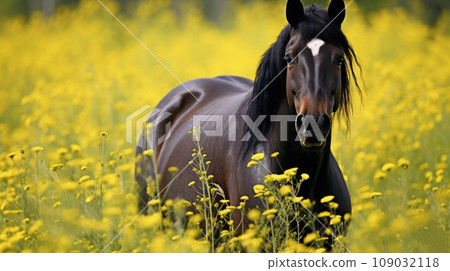 A striking black horse with glossy coat and piercing eyes, standing in a field of wildflowers A striking black horse with glossy coat and piercing eyes, standing in a field of wildflowers 109032118