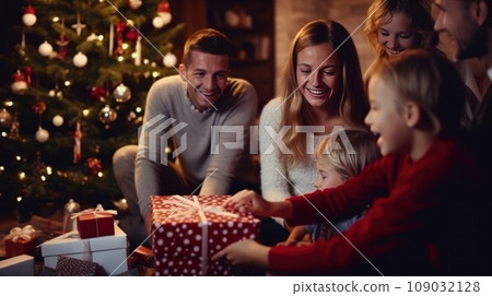 family happy at christmas with christmas tree and christmas ornaments, 109032128