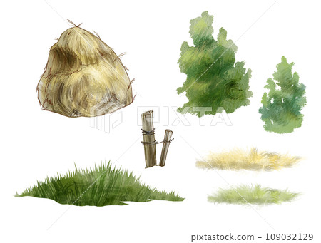 Parts of a watercolor landscape. Haystack, grass, trees and bushes, wooden post. For design and printing of labels, packaging, postcards. To compose a background or landscape for your design. Parts of a watercolor landscape. Haystack, grass, trees and bushes, wooden post. For design and printing of labels, packaging, postcards. To compose a background or landscape for your design. 109032129