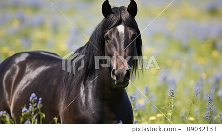 A striking black horse with glossy coat and piercing eyes, standing in a field of wildflowers 109032131