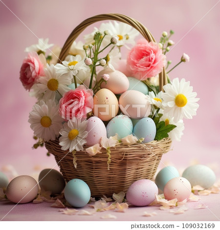 Easter basket filled with eggs andfluttering butterflies, set against a light pink background 109032169