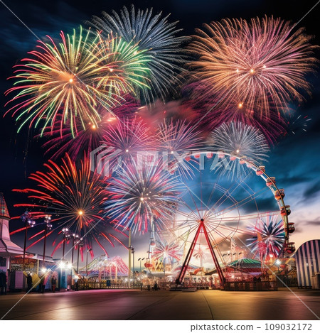 spectacular fireworks display against a carnival backdrop. spectacular fireworks display against a carnival backdrop. 109032172