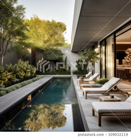 contemporary garden with a long, narrow pool surrounded by lush greenery 109032219