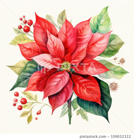 watercolor drawing of a poinsettia flower and leaves isolated 109032322