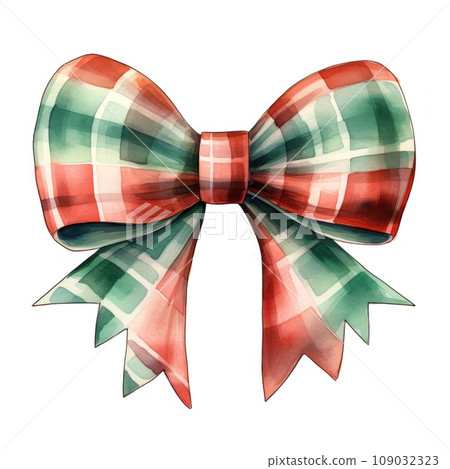 A watercolor illustration of a red and green plaid Christmas bow. solated 109032323