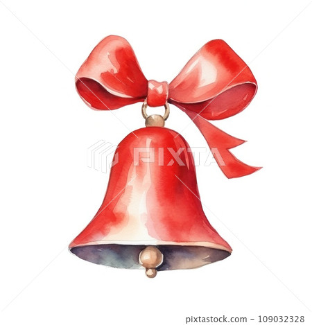 A watercolor illustration of a Christmas bell with a red ribbon. isolated 109032328