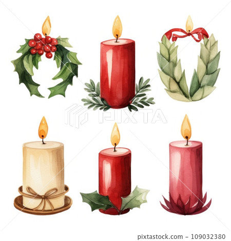 Watercolor illustrations of various Christmas candles. isolated Watercolor illustrations of various Christmas candles. isolated 109032380