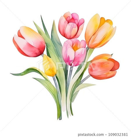 watercolor cartoon tulip flowers bouquet isolated watercolor cartoon tulip flowers bouquet isolated 109032381