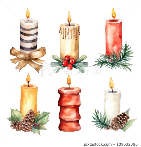 Watercolor illustrations of various Christmas candles. isolated Watercolor illustrations of various Christmas candles. isolated 109032386