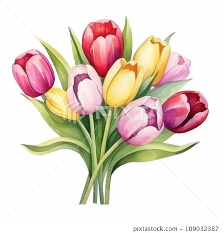 watercolor cartoon tulip flowers bouquet isolated watercolor cartoon tulip flowers bouquet isolated 109032387