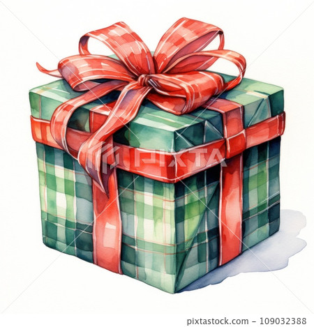 A watercolor illustration of a Christmas present wrapped in red and green plaid paper. isolated A watercolor illustration of a Christmas present wrapped in red and green plaid paper. isolated 109032388