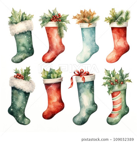 Watercolor illustrations of various Christmas stockings. solated Watercolor illustrations of various Christmas stockings. solated 109032389