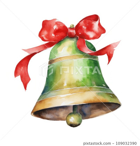 A watercolor illustration of a Christmas bell with a red ribbon. isolated A watercolor illustration of a Christmas bell with a red ribbon. isolated 109032390