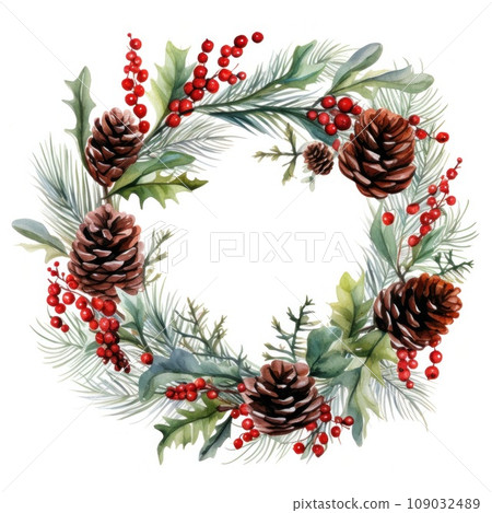 A watercolor wreath with pinecones, holly, and berries. solated 109032489