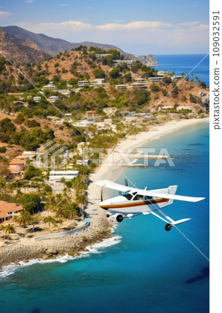 An aerial view of a beach resort town with a small airplane flying over the shoreline An aerial view of a beach resort town with a small airplane flying over the shoreline 109032591