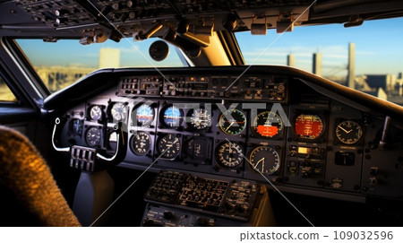 cockpit of an airplane, showing the instruments and controls up close 109032596