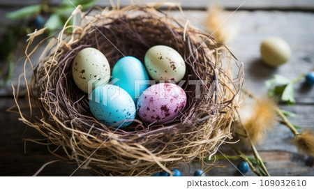 A rustic, natural background with a bird's nest filled with speckled Easter eggs A rustic, natural background with a bird's nest filled with speckled Easter eggs 109032610