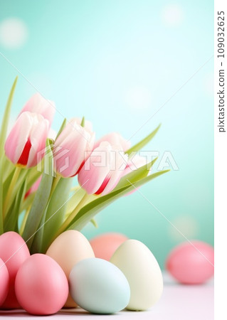 An elegant background featuring pastel-colored Easter eggs and beautiful tulips, 109032625