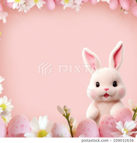 pink background with a cute and whimsical Easter bunny in the center, surrounded by spring flowers pink background with a cute and whimsical Easter bunny in the center, surrounded by spring flowers 109032636