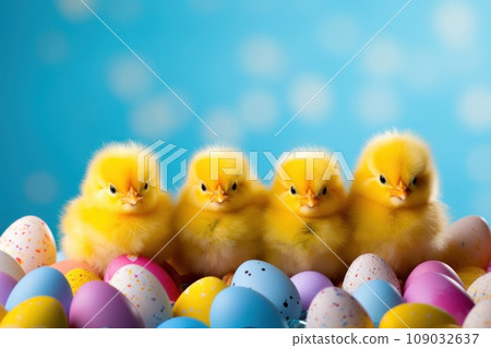 A playful background with bright yellow Easter chicks and colorful eggs, A playful background with bright yellow Easter chicks and colorful eggs, 109032637